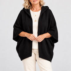 Close-up of the Jane Hooded Batwing Knit Cardigan in Black