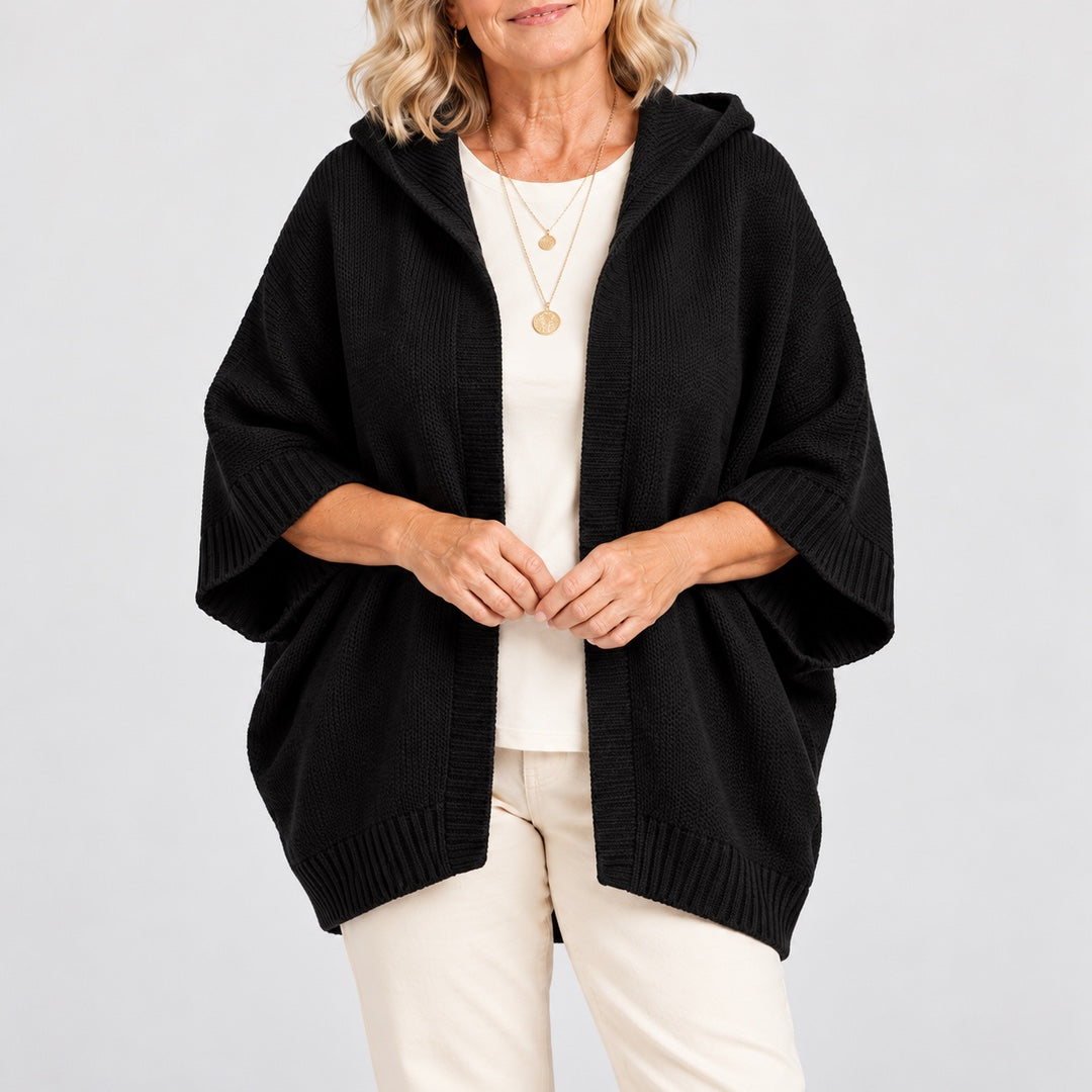 Close-up of the Jane Hooded Batwing Knit Cardigan in Black