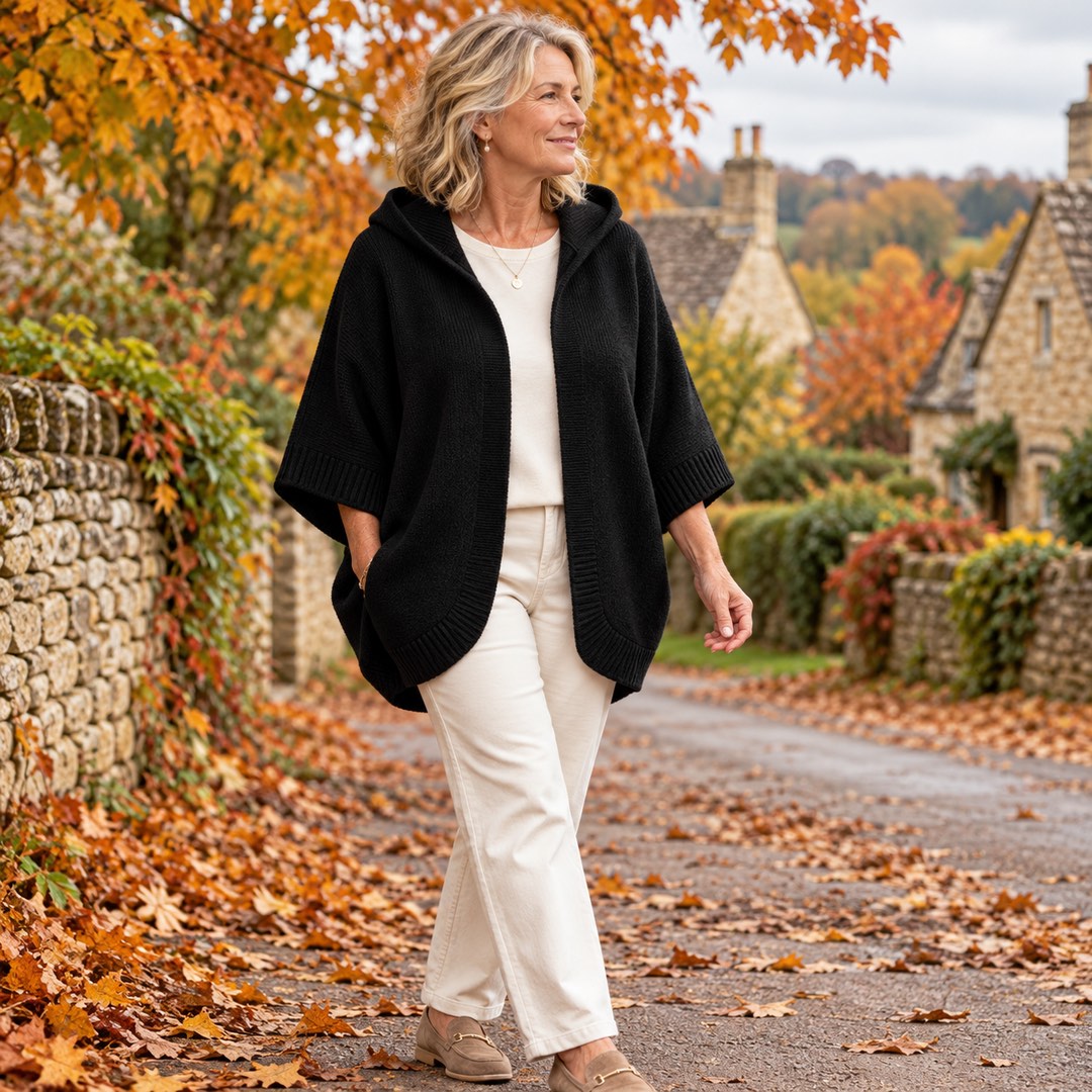 A woman wearing the Jane Hooded Batwing Knit Cardigan in Black