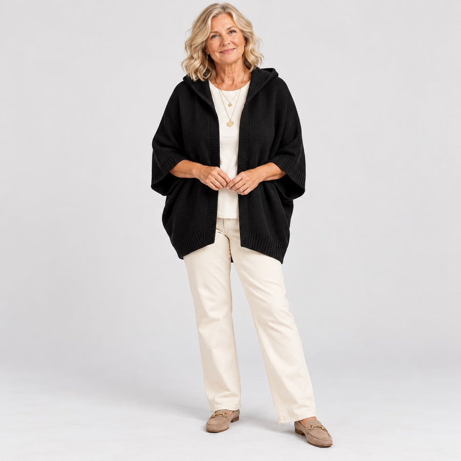 The Jane Hooded Batwing Knit Cardigan in Black