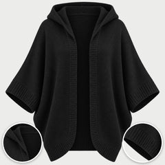 The Jane Hooded Batwing Knit Cardigan in Black, with close-ups of the details