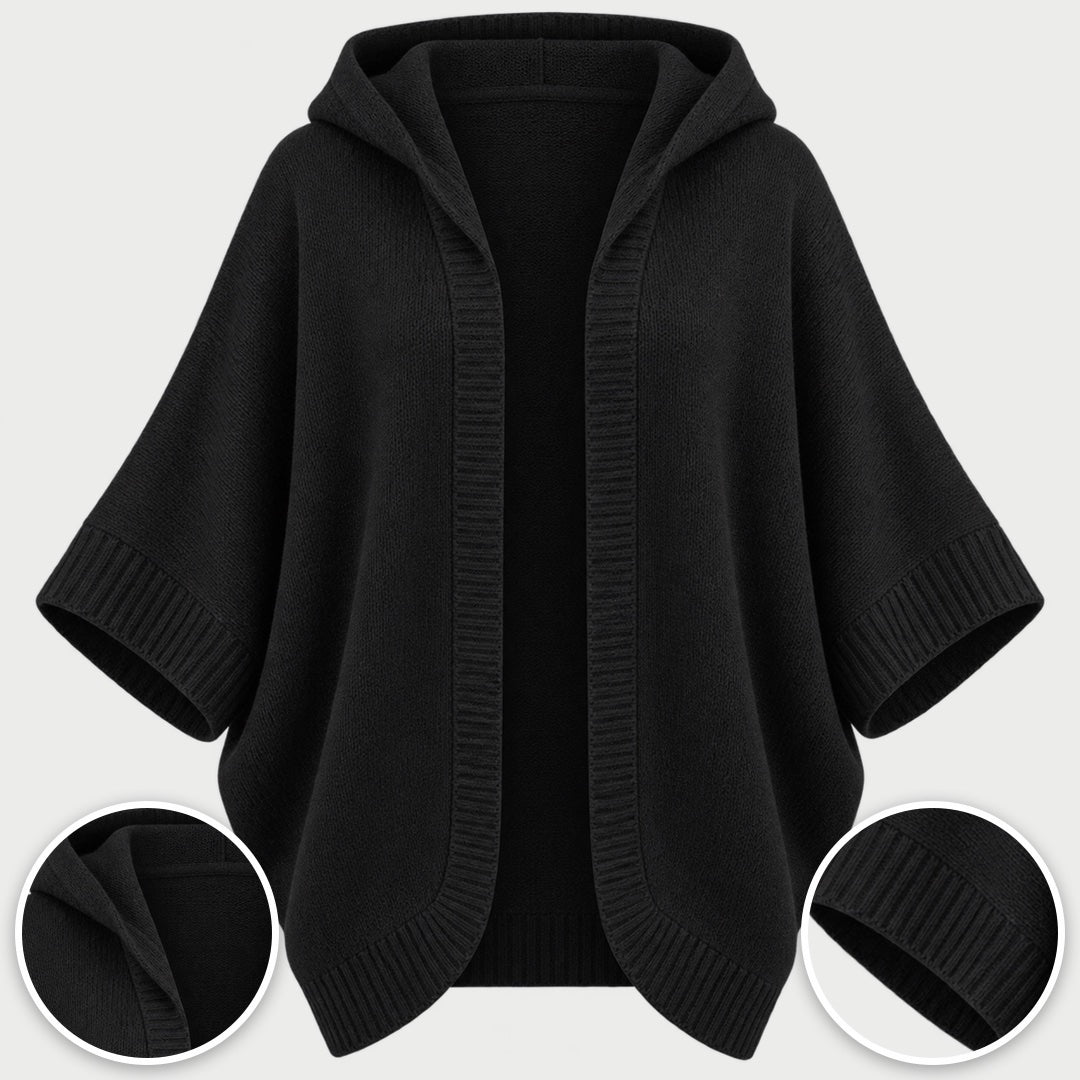 The Jane Hooded Batwing Knit Cardigan in Black, with close-ups of the details