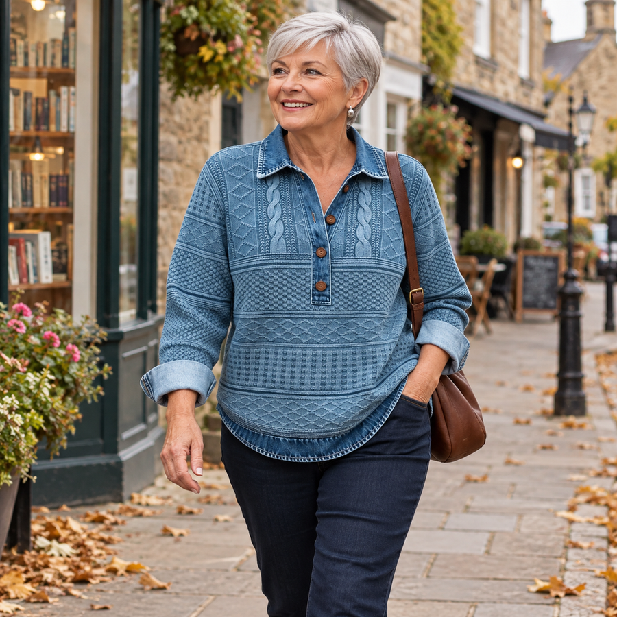 Janet Denim Collar Cable Knit Jumper in Denim Blue - worn in town