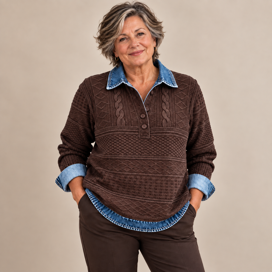 Janet Denim Collar Cable Knit Jumper in Chocolate - studio