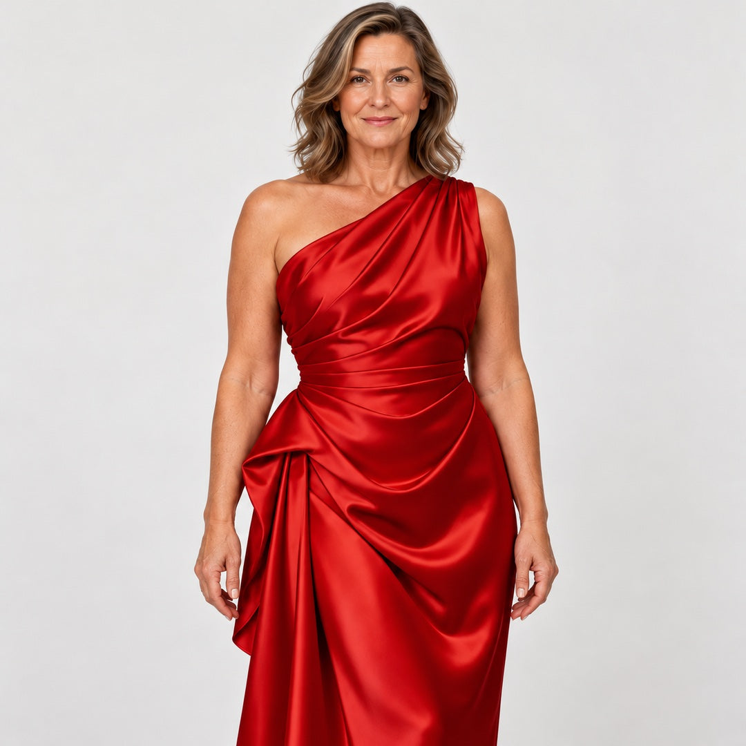 The Janine One Shoulder Ruched Satin Midi Dress close-up of the satin