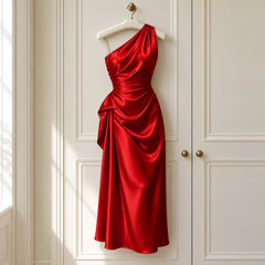The Janine One Shoulder Ruched Satin Midi Dress on a hanger