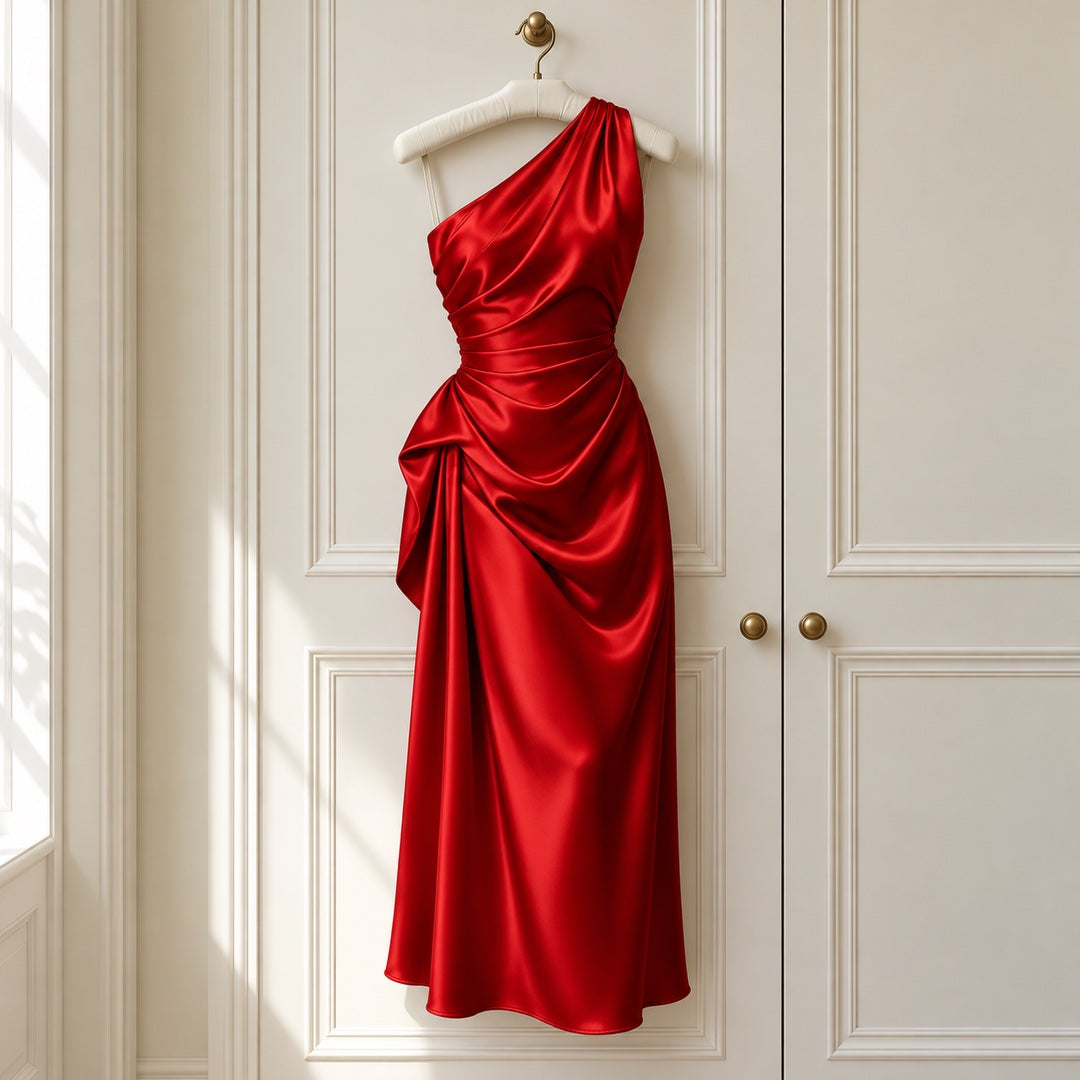 The Janine One Shoulder Ruched Satin Midi Dress on a hanger