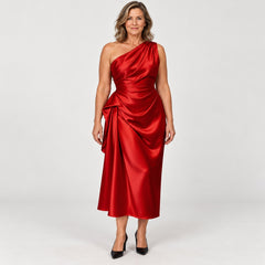 The Janine One Shoulder Ruched Satin Midi Dress in the studio