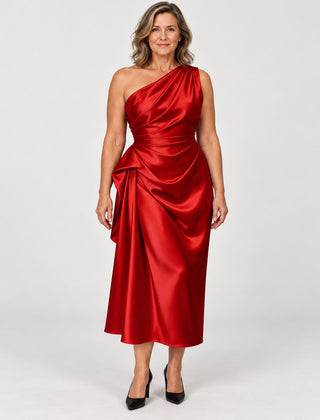 The Janine One Shoulder Ruched Satin Midi Dress in the studio