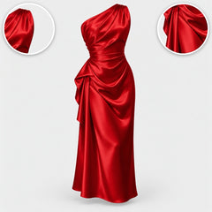 The Janine One Shoulder Ruched Satin Midi Dress with close-ups of the details