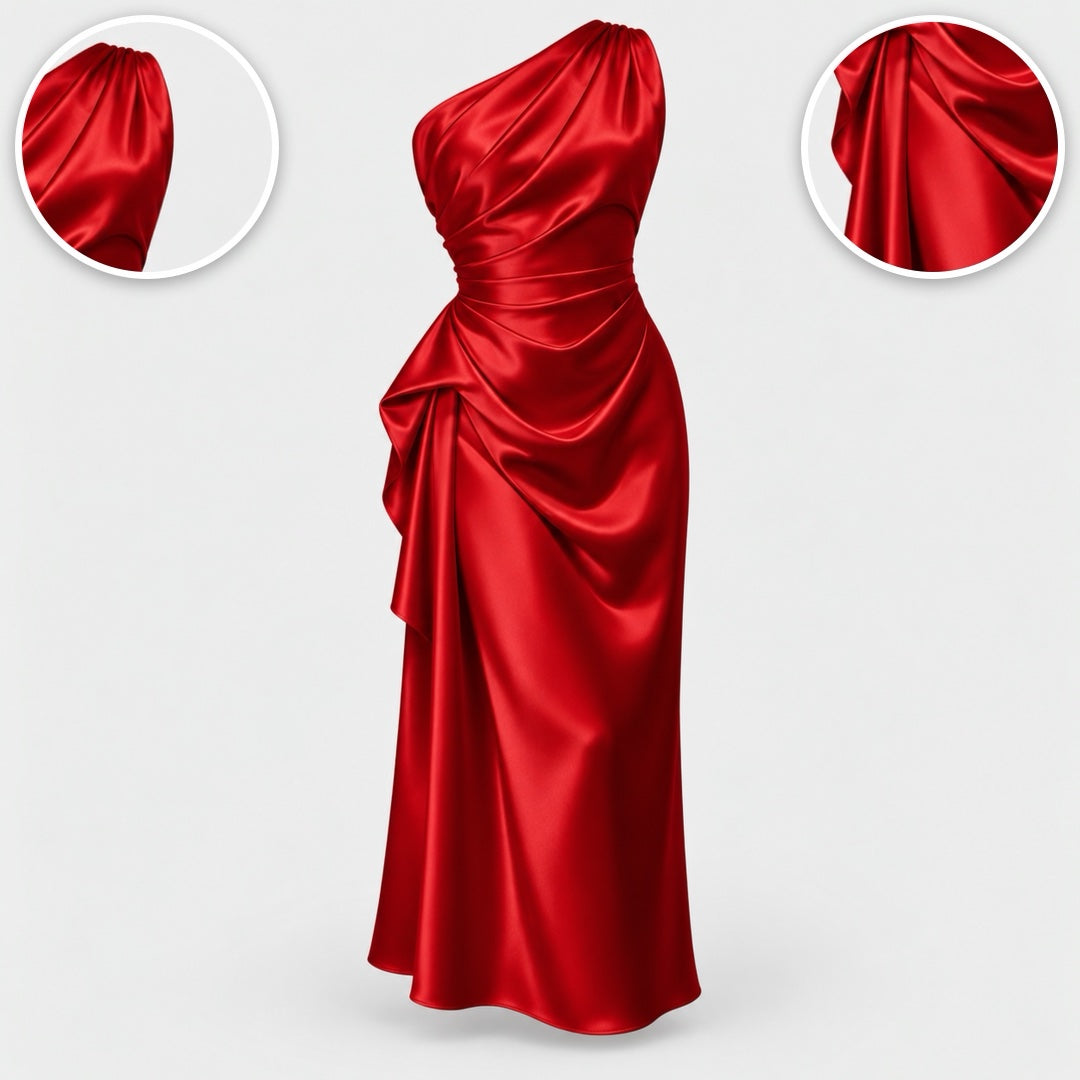 The Janine One Shoulder Ruched Satin Midi Dress with close-ups of the details