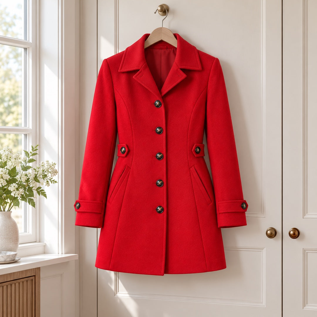 The Jayne Tailored Wool Look Button Coat on a hanger