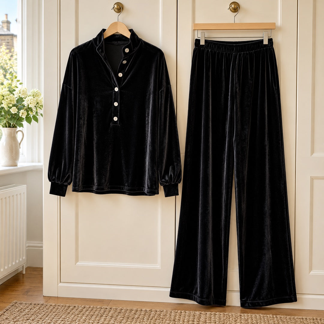 Jean Velvet-Look Button Collar Wide-Leg Set in Black on a hanger