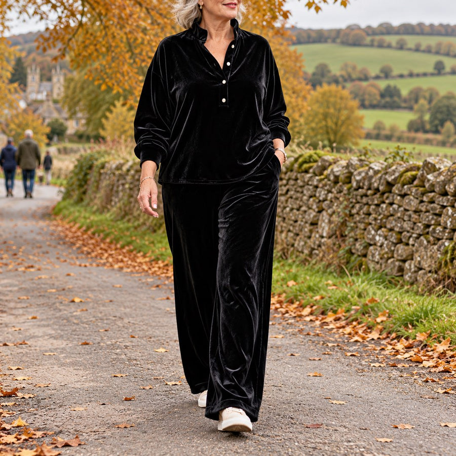 Jean Velvet-Look Button Collar Wide-Leg Set in Black, worn out and about