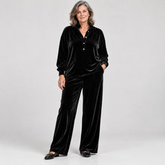 Jean Velvet-Look Button Collar Wide-Leg Set in Black