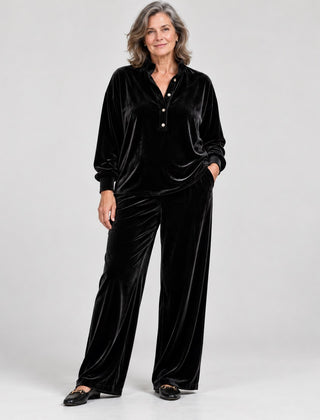 Jean Velvet-Look Button Collar Wide-Leg Set in Black