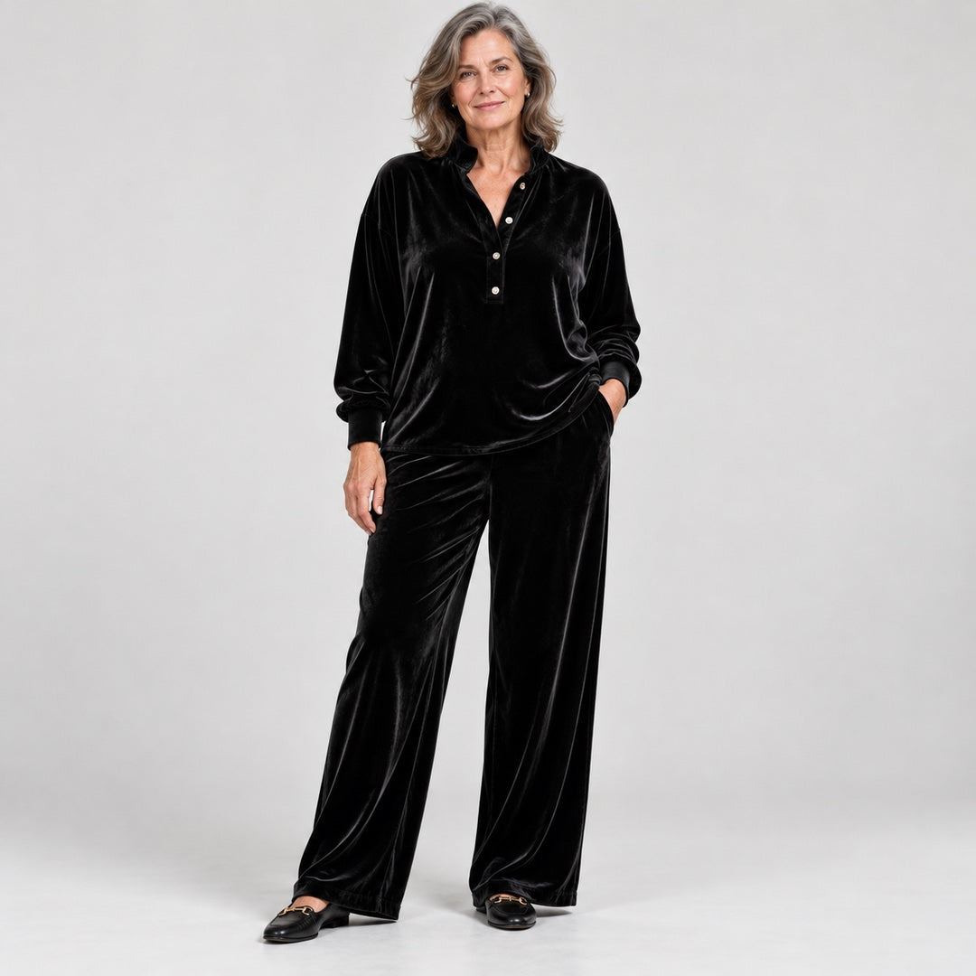 Jean Velvet-Look Button Collar Wide-Leg Set in Black