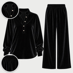 Jean Velvet-Look Button Collar Wide-Leg Set in Black, with close-ups of the details