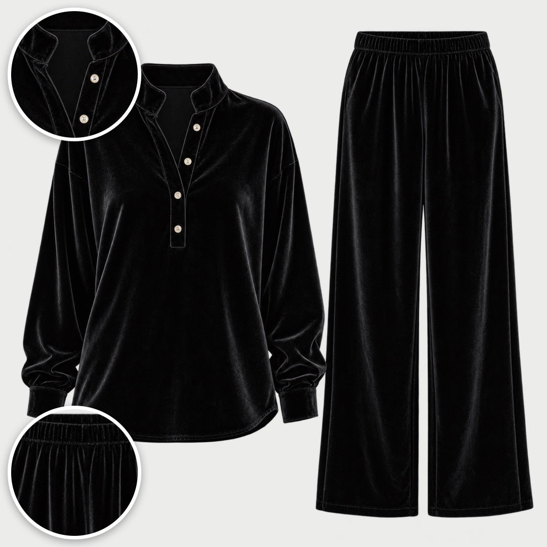 Jean Velvet-Look Button Collar Wide-Leg Set in Black, with close-ups of the details