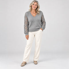 The Jeanette Open-Knit Sleeve V-Neck Jumper in Grey