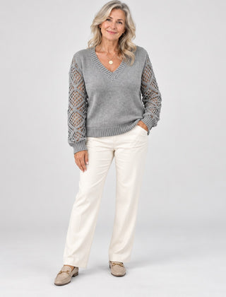 The Jeanette Open-Knit Sleeve V-Neck Jumper in Grey