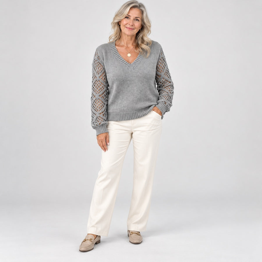 The Jeanette Open-Knit Sleeve V-Neck Jumper in Grey