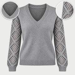 The Jeanette Open-Knit Sleeve V-Neck Jumper in Grey, with close-ups of the details