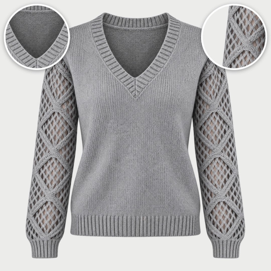 The Jeanette Open-Knit Sleeve V-Neck Jumper in Grey, with close-ups of the details