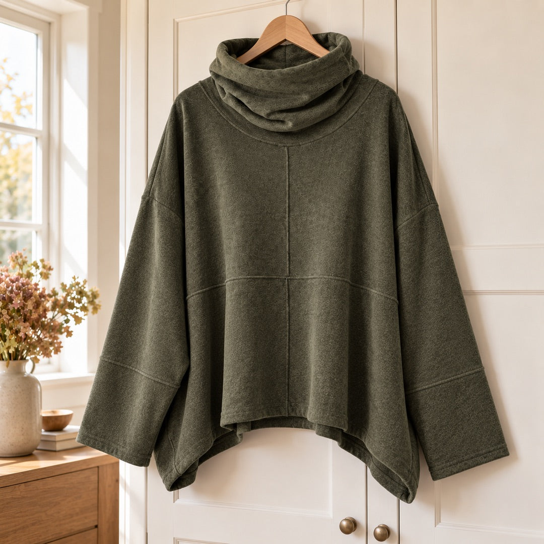 Jennie Relaxed Cowl Neck Jumper in Olive on a hanger