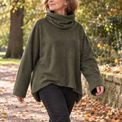 Jennie Relaxed Cowl Neck Jumper in Olive, worn out and about