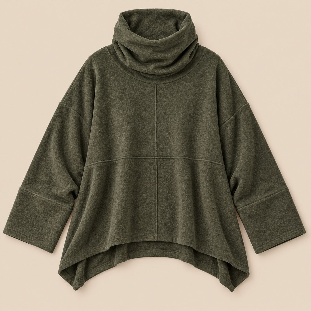 Jennie Relaxed Cowl Neck Jumper in Olive, the whole piece laid flat
