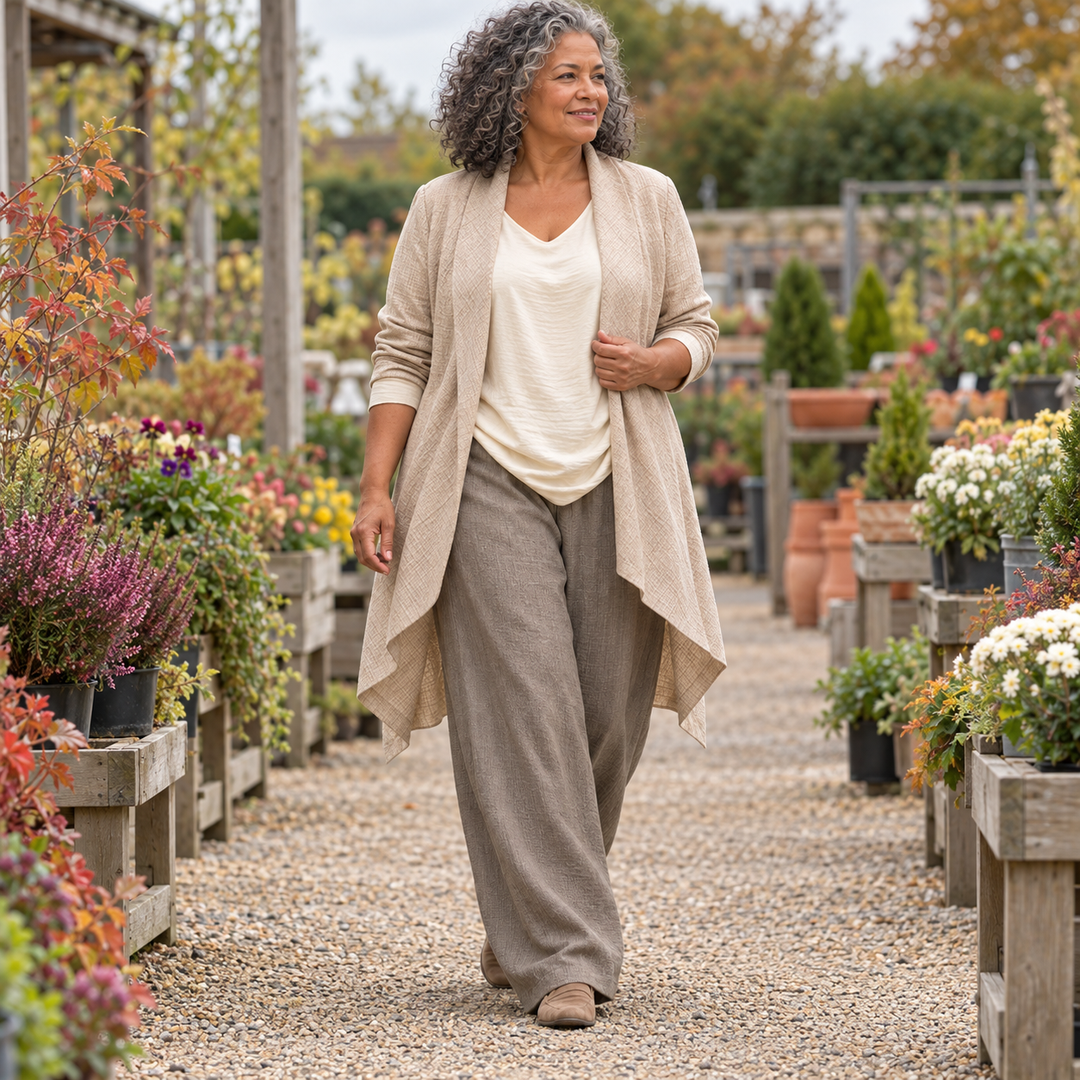 Jennifer Layered Three-Piece Wide-Leg Set in Oatmeal & Taupe - worn in town