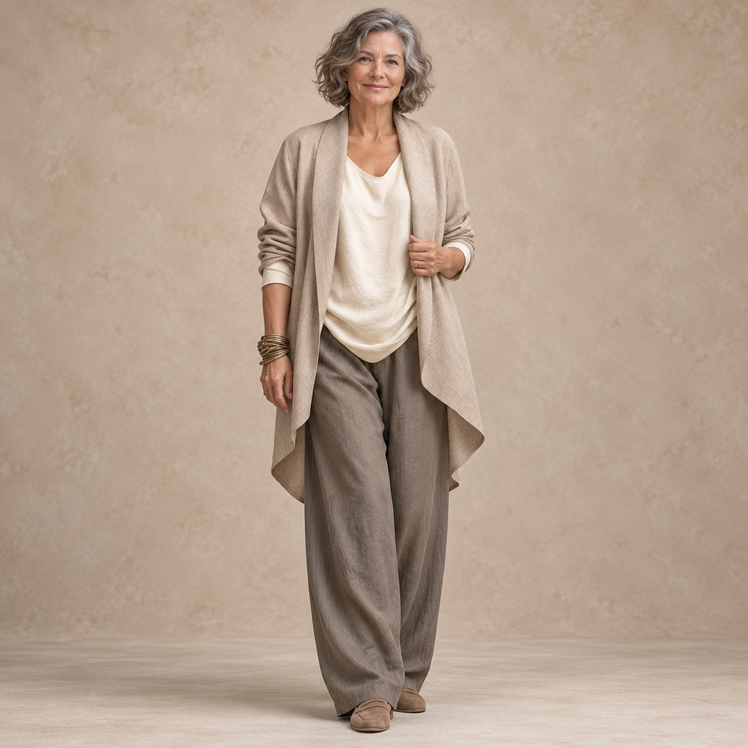 Jennifer Layered Three-Piece Wide-Leg Set in Oatmeal & Taupe - studio