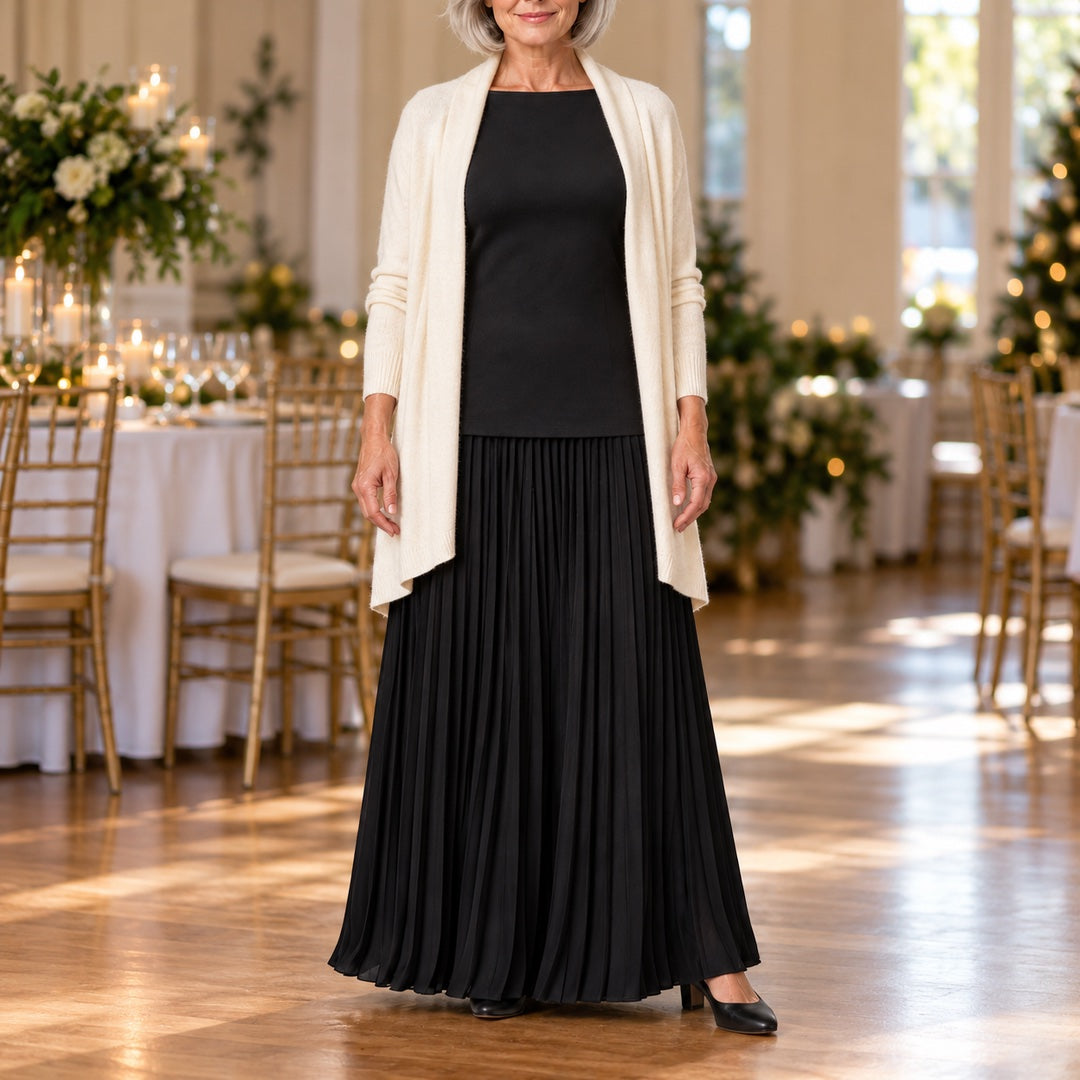 The Jenny Boat Neck Knit Top and Pleated Maxi Skirt Set worn out and about