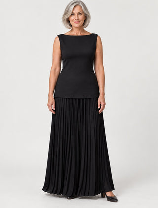 The Jenny Boat Neck Knit Top and Pleated Maxi Skirt Set in the studio