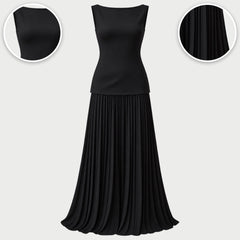 The Jenny Boat Neck Knit Top and Pleated Maxi Skirt Set with close-ups of the details
