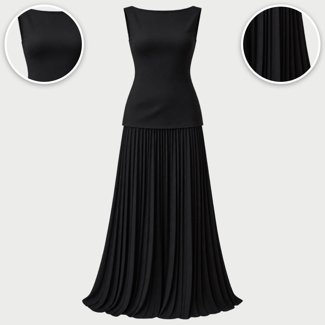 The Jenny Boat Neck Knit Top and Pleated Maxi Skirt Set with close-ups of the details