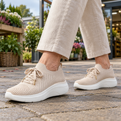 Jill Lightweight Knit Trainers in Beige, worn out and about