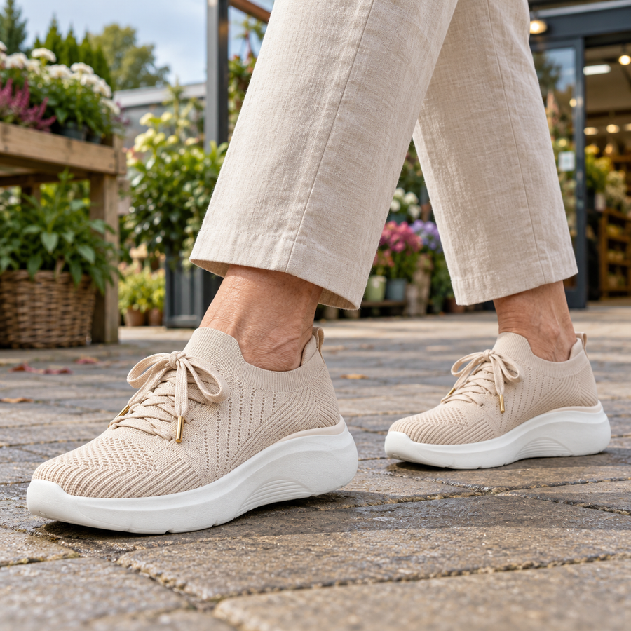 Jill Lightweight Knit Trainers in Beige, worn out and about