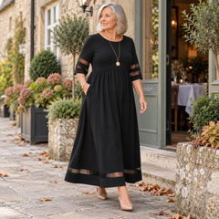 Jillian Sheer Stripe Panel Maxi Dress with Pockets in Black, worn out and about