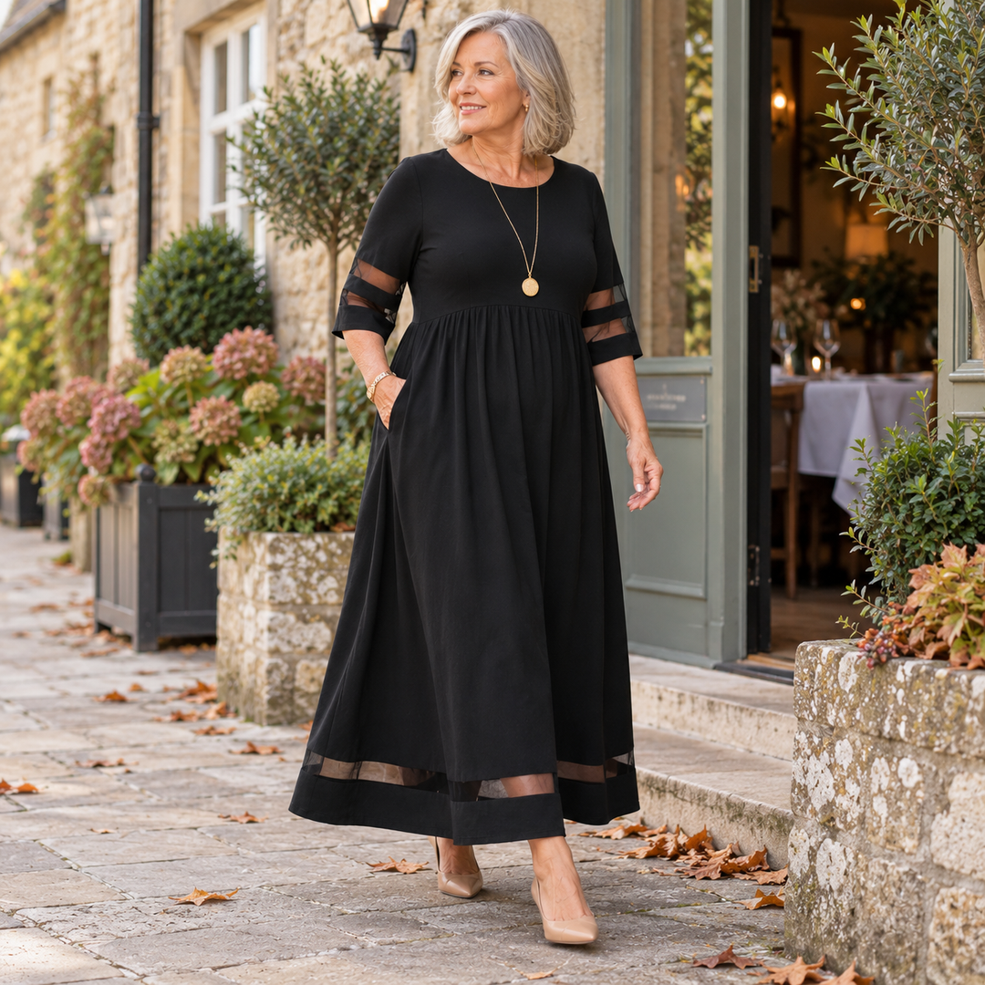 Jillian Sheer Stripe Panel Maxi Dress with Pockets in Black, worn out and about