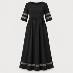 Jillian Sheer Stripe Panel Maxi Dress with Pockets in Black, the whole piece laid flat