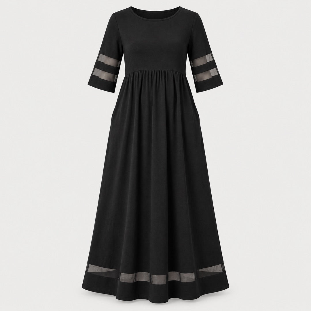 Jillian Sheer Stripe Panel Maxi Dress with Pockets in Black, the whole piece laid flat