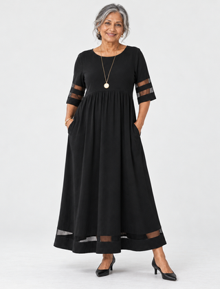 Jillian Sheer Stripe Panel Maxi Dress with Pockets in Black