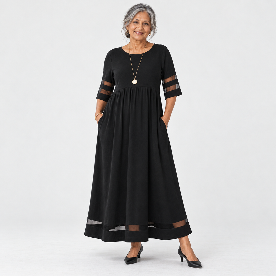 Jillian Sheer Stripe Panel Maxi Dress with Pockets in Black