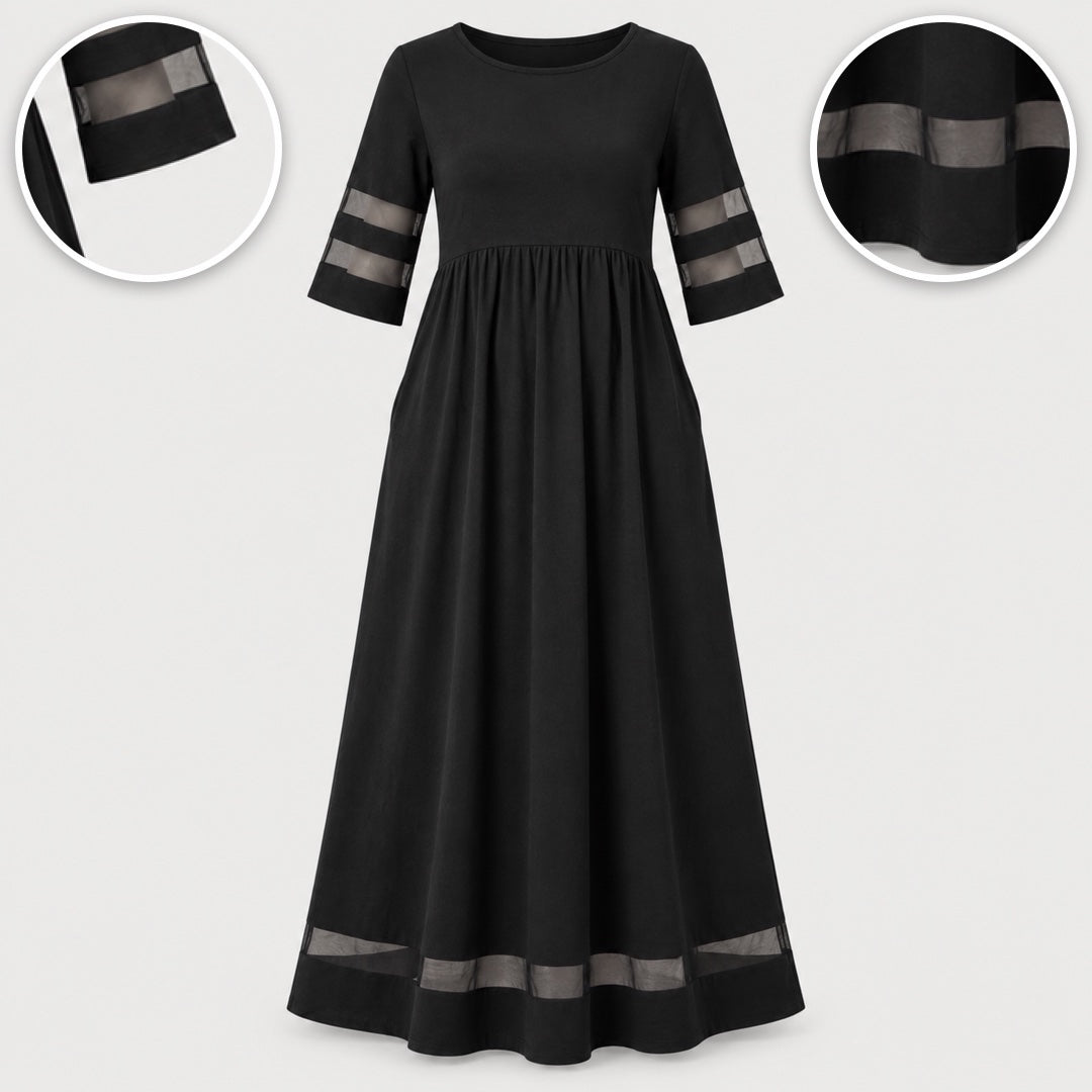 Jillian Sheer Stripe Panel Maxi Dress with Pockets in Black, with close-ups of the details
