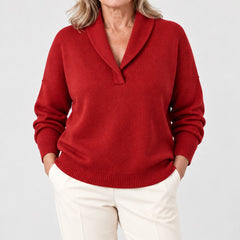 Close-up of the Joan Draped Shawl Collar Knit Jumper in Red