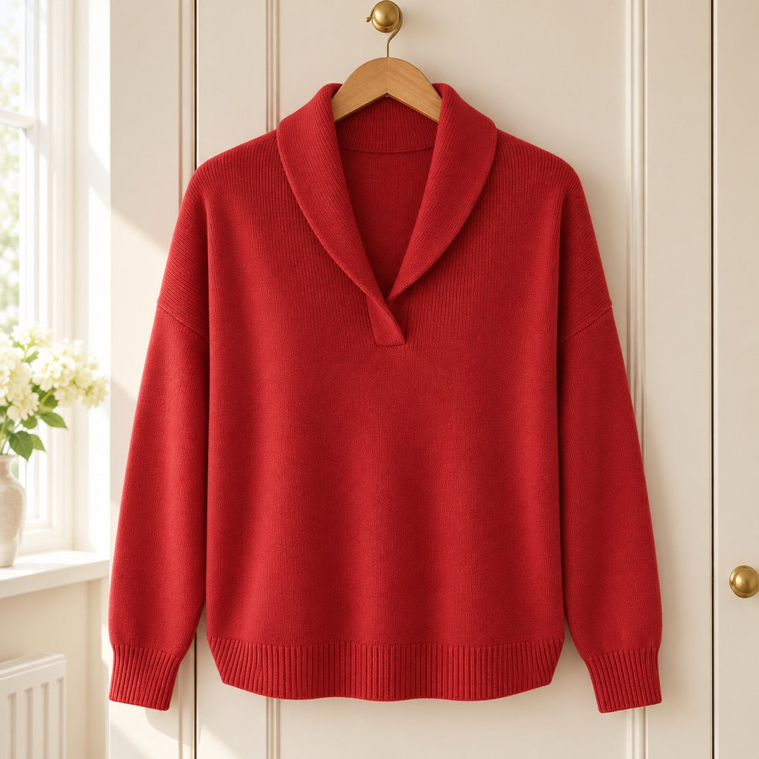 The Joan Draped Shawl Collar Knit Jumper in Red on a hanger