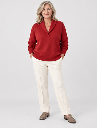 The Joan Draped Shawl Collar Knit Jumper in Red