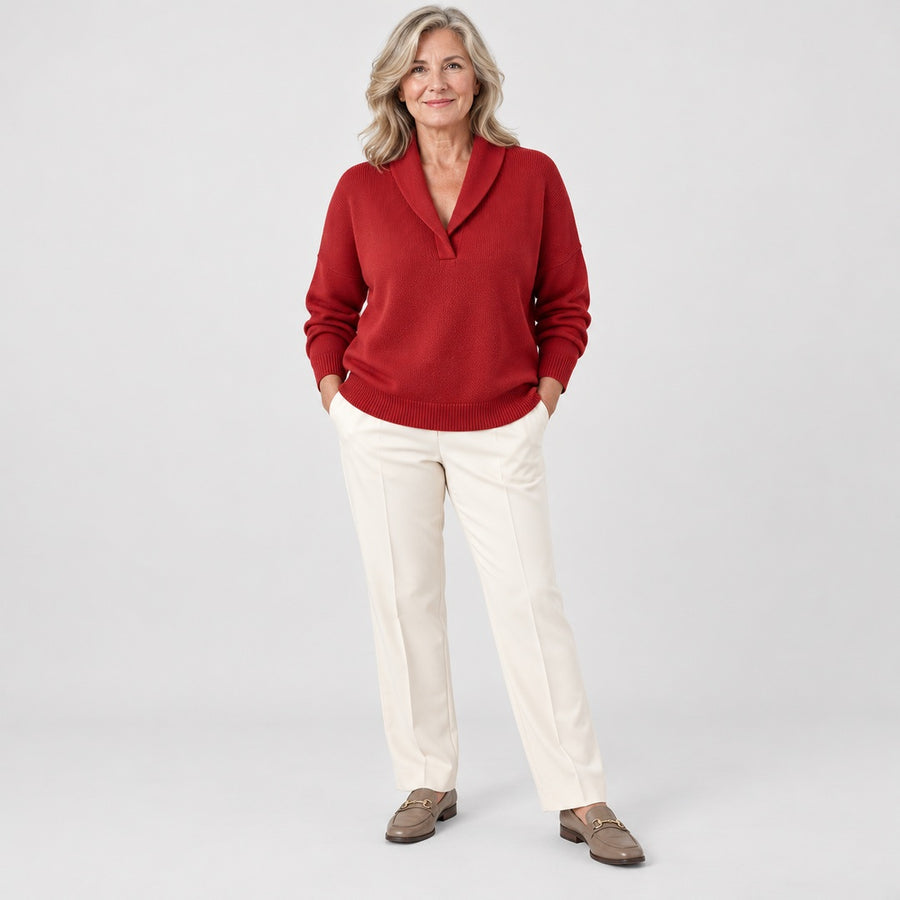 The Joan Draped Shawl Collar Knit Jumper in Red